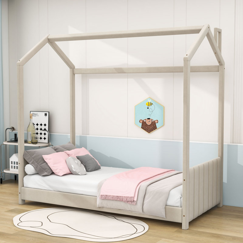 Lit plateforme tapissier avec tête de lit et pied de lit en velours Soquel, Beige, Simple