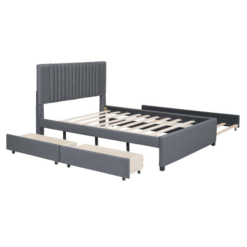 Lit plateforme double tapissier pleine grandeur avec 2 tiroirs et 1 lit gigogne simple, tête de lit classique, gris, Gris