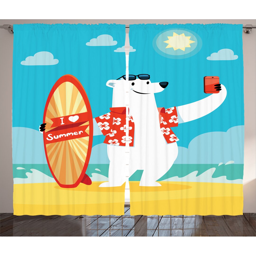 Rustikaler Vorhang, Polar Bear Selfie Surf, Kids, Aqua Gelb