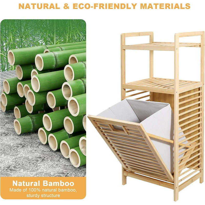 Armoire à linge en bambou avec panier basculant et tablettes de rangement