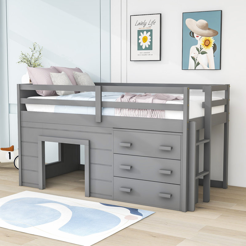 Fenelus Kids Twin Loft Bed with 3 Drawers, Gray