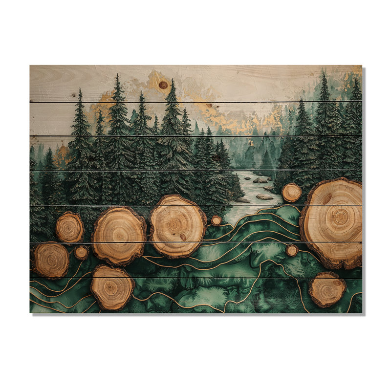 «Emerald Reflections Of The Forest Landscape I», art mural en bois forêt - sur bois de pin naturel, H 10 po x l 20 po