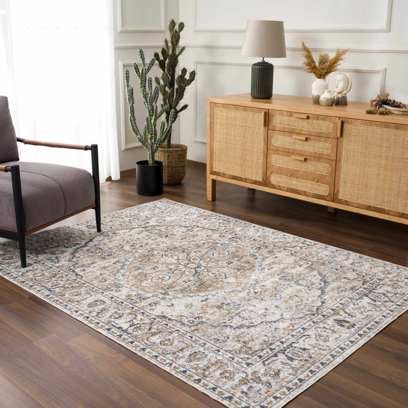 Oveda Oriental Machine Washable Gray Area Rug, Rectangle 5'3" x 7'
