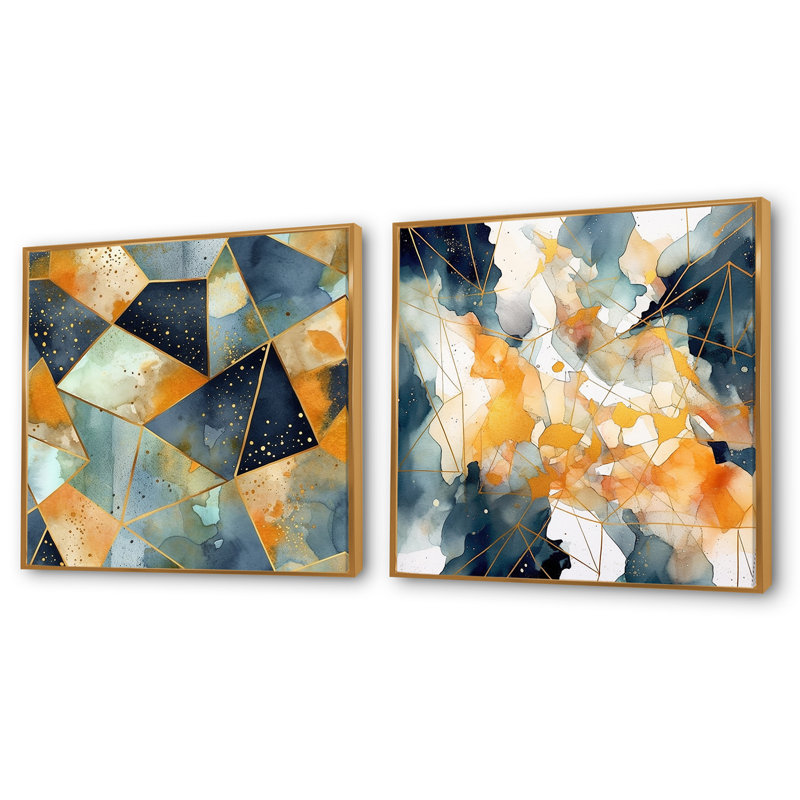 «Blue Yellow Asymmetric Marble Shapes» 2 pièces, H 16 po x l 33 po, Encadrement doré