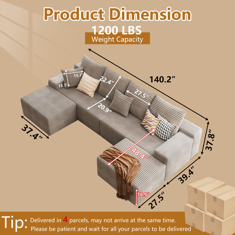 Boneless 140" Modular Cloud Sectional Sofa With 2 Ottoman,Modern Minimalist Upholstered Couches, Comfort U Shaped Sofa For Living Room,Deep Seat Corner Couch,No Assembly Required,6 Seater