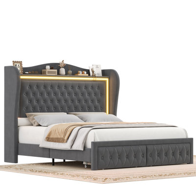 Kaliya Velvet Upholstered Platform Bed with LED Lighting and Storage Drawers 