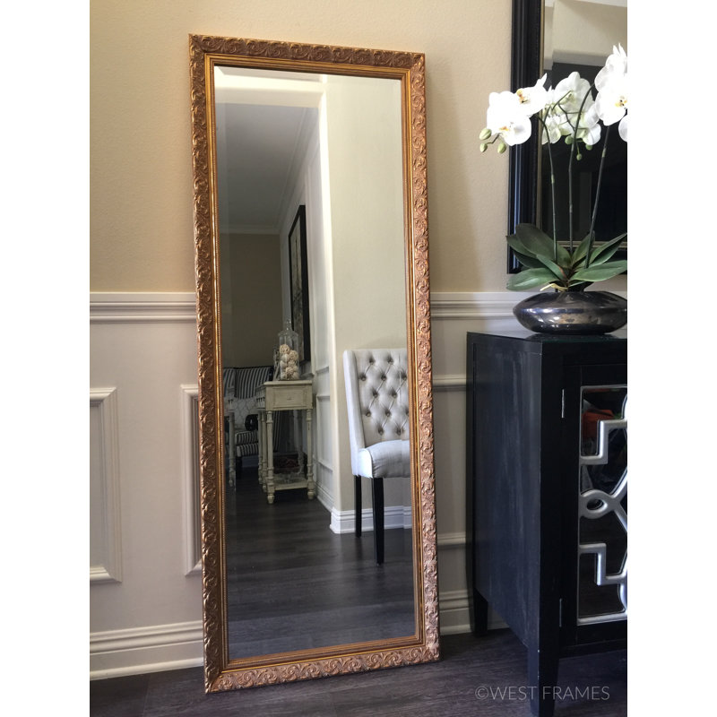 Bella French Ornate Embossed Wood Framed Leaner Floor Mirror, Antique Bronze