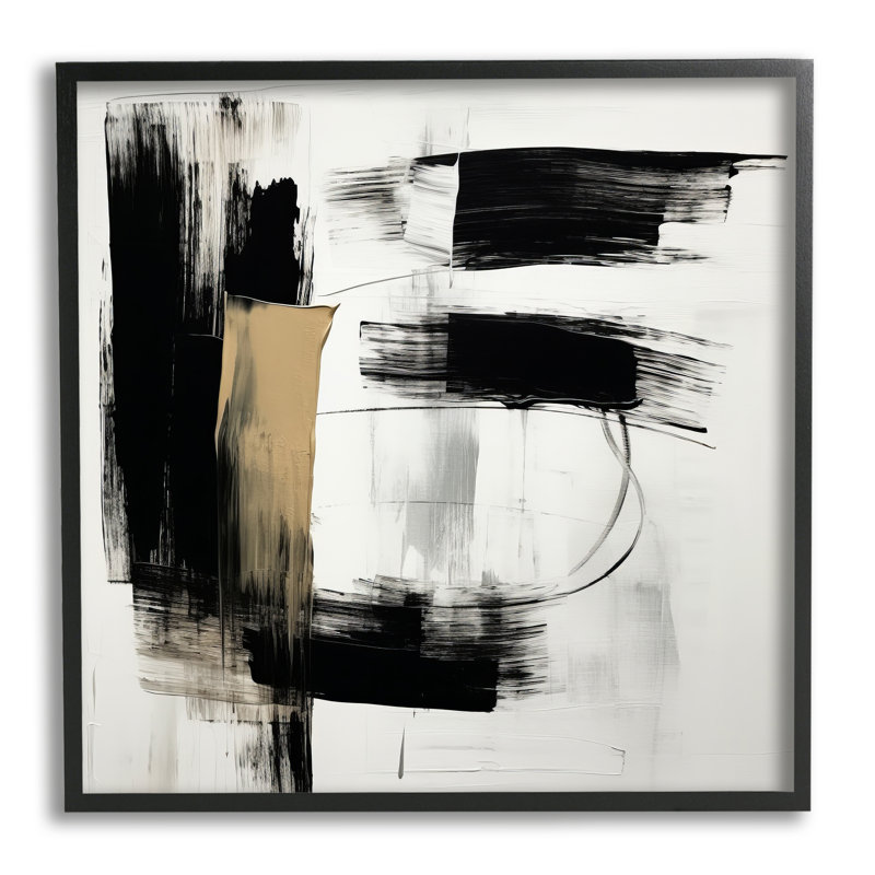 Coups de pinceau noirs encadrés sur bois, H 24 po x l 24 po x P 1,5 po, Giclée encadrée noir minuit
