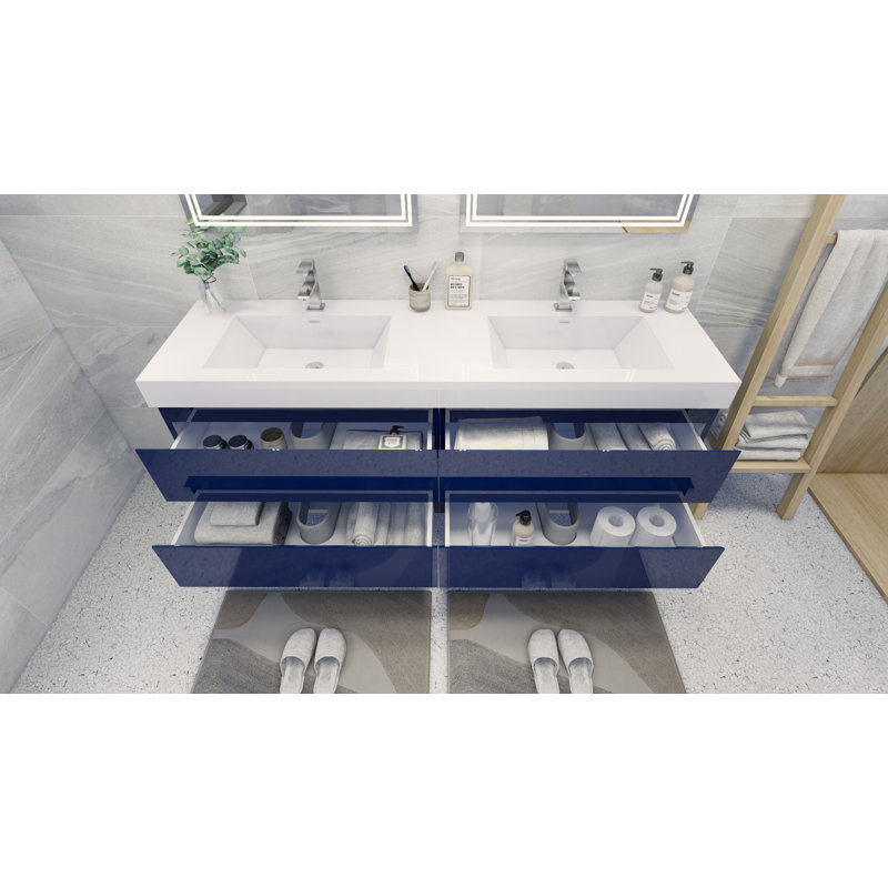 Ensemble de meuble-lavabo double mural 71 po Mitul, Bleu nuit