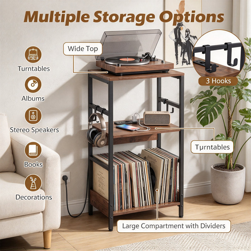 Record Player Stand with Charging Station