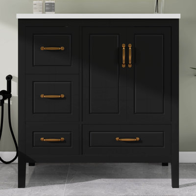 36" Bathroom Vanity With Sink, Free Standing Resin Basin Vanity With 2 Doors And 4 Soft-Closing Drawers