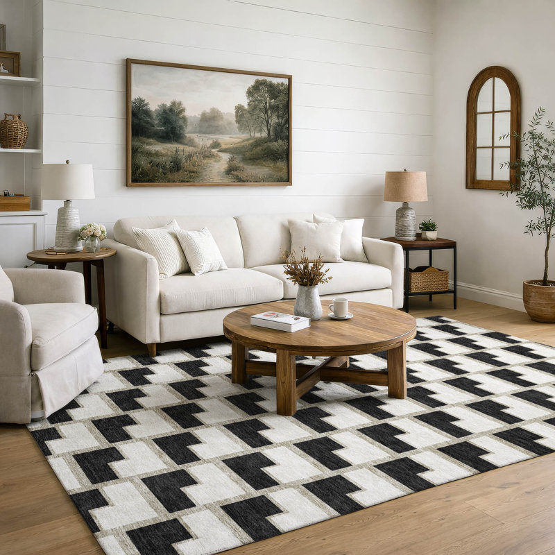 Premium Machine Washable Mayfield AMF2416 Geometric Rug, 3' x 5', Black