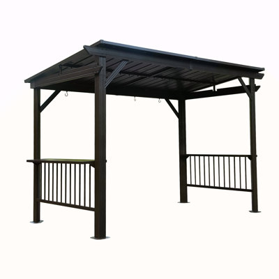 Pavillon de jardin à toit rigide de 6,5 po x 12 pi, pavillon de jardin extérieur avec 2 tablettes latérales et toit en acier galvanisé incliné, pavillon de barbecue permanent en métal avec crochets de plafond pour patio, pelouse, cour arrière, terrasse