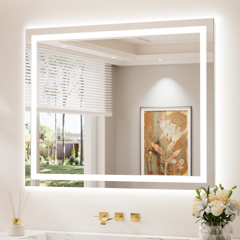 Front & Back LED Lighted Tempered Glass Dimmable Anti Fog Bathroom Vanity Mirror, 40" x 24"