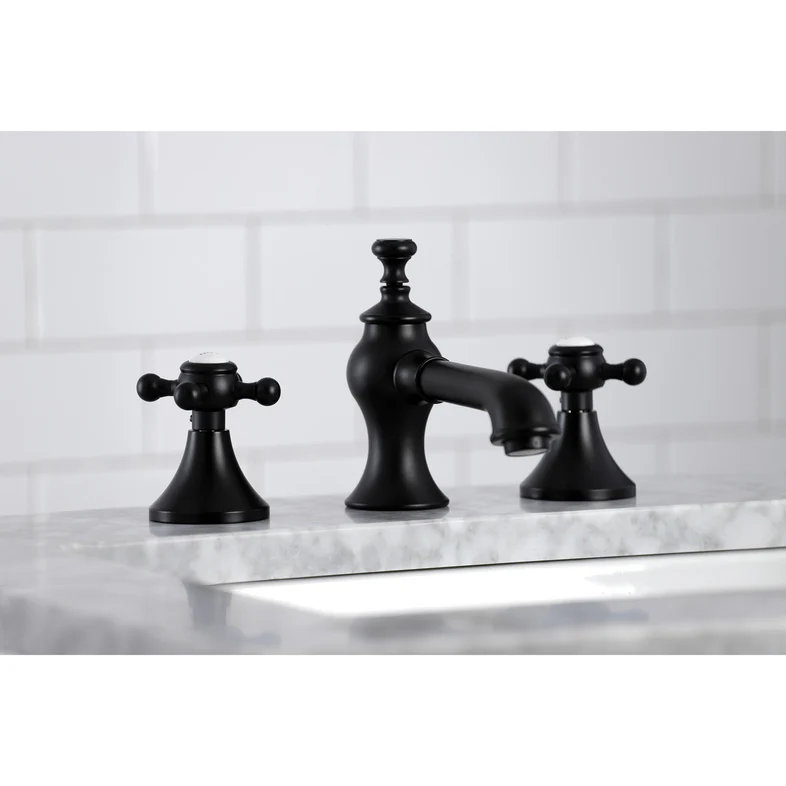 Kingston Brass English Country Two-Handle 3-Hole Deck Mount Widespread Bathroom Faucet with Brass Pop-Up Drain, Matte Black