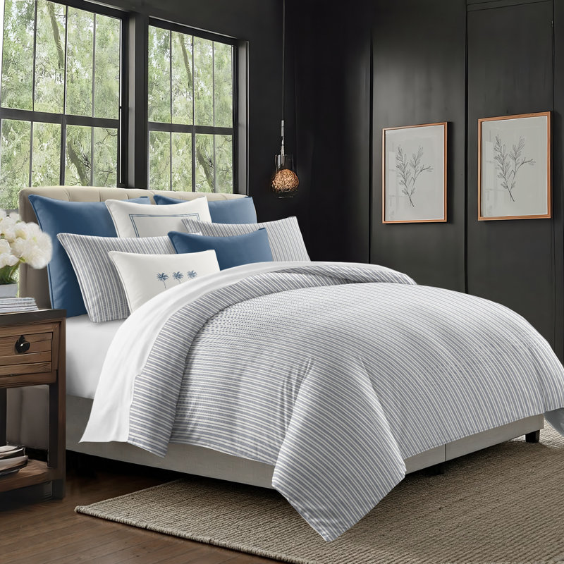 Pacific Stripe Reversible Cotton Duvet Cover Set, Denim, Queen Duvet Cover + 2 Queen Shams