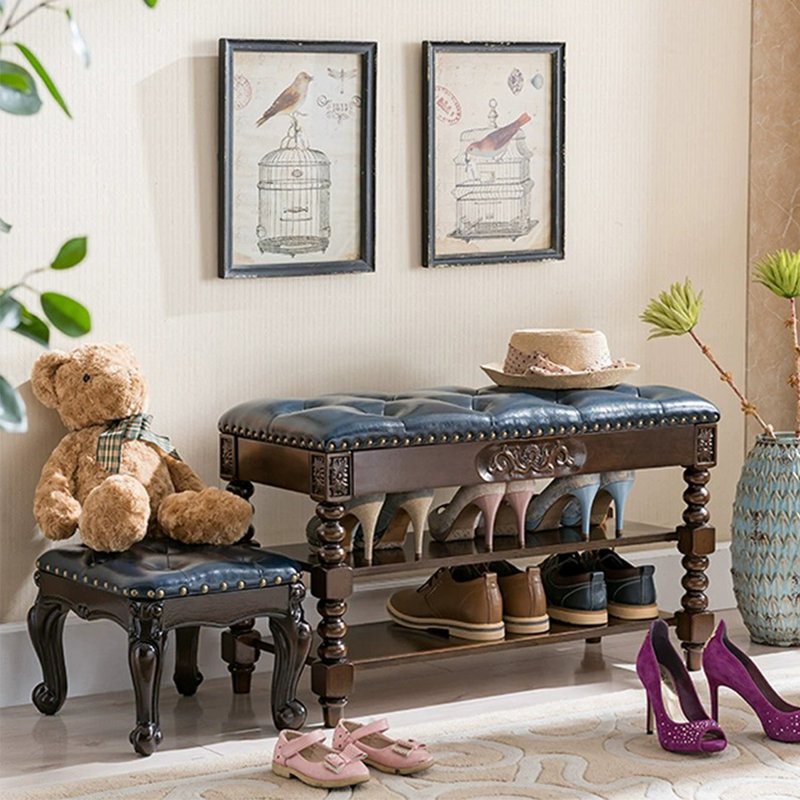 Long banc de rangement pour chaussures en cuir, Brun noisette / bleu marine