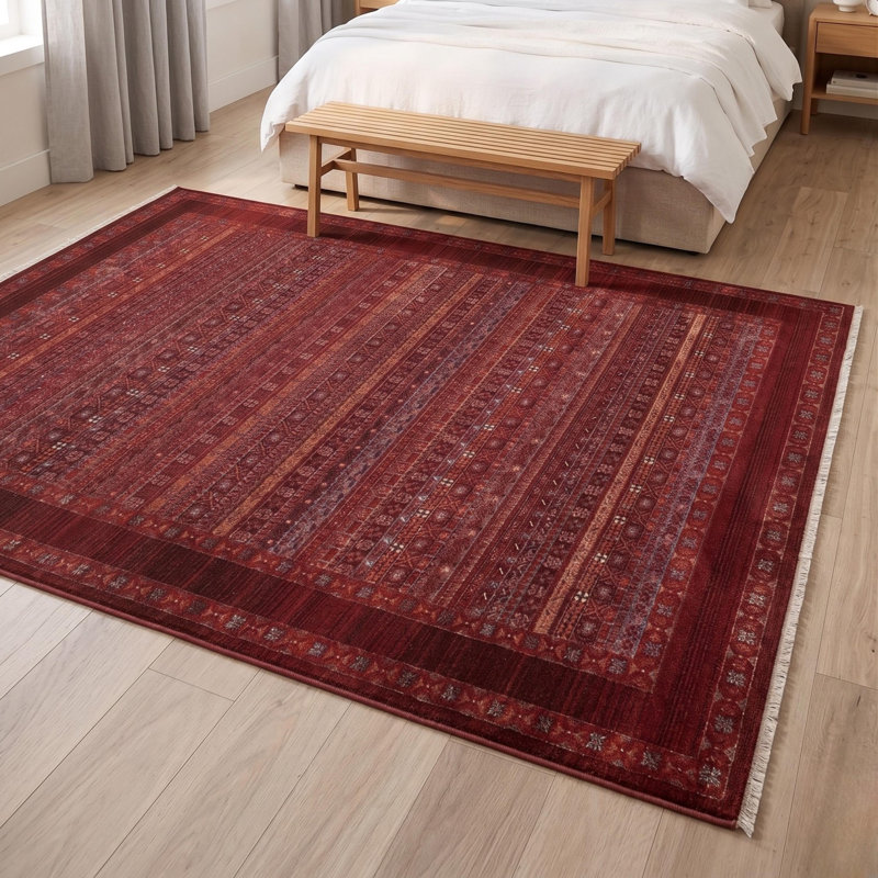 Tapis de sol surdimensionné en polyester tissé à la machine, motif oriental traditionnel bourgogne
