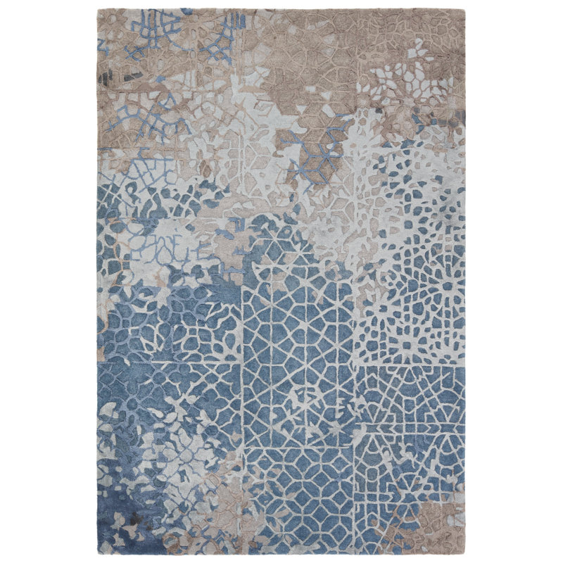 Tapis rectangulaire bleu / gris en laine / viscose touffeté à la main, Rectangle 6 pi x 9 pi