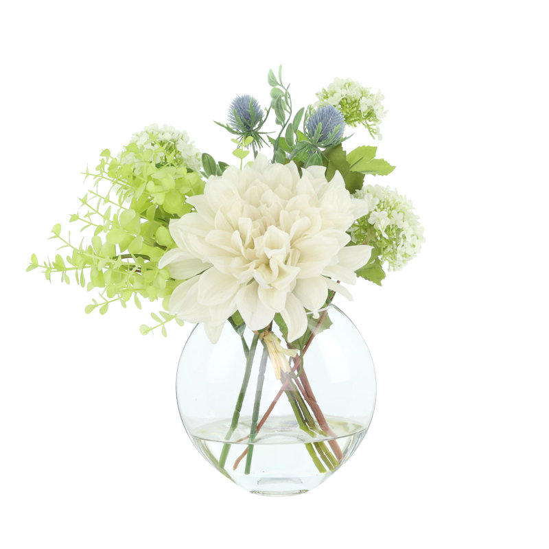 Dahlias and Eucalyptus Centerpiece in Vase, Beige