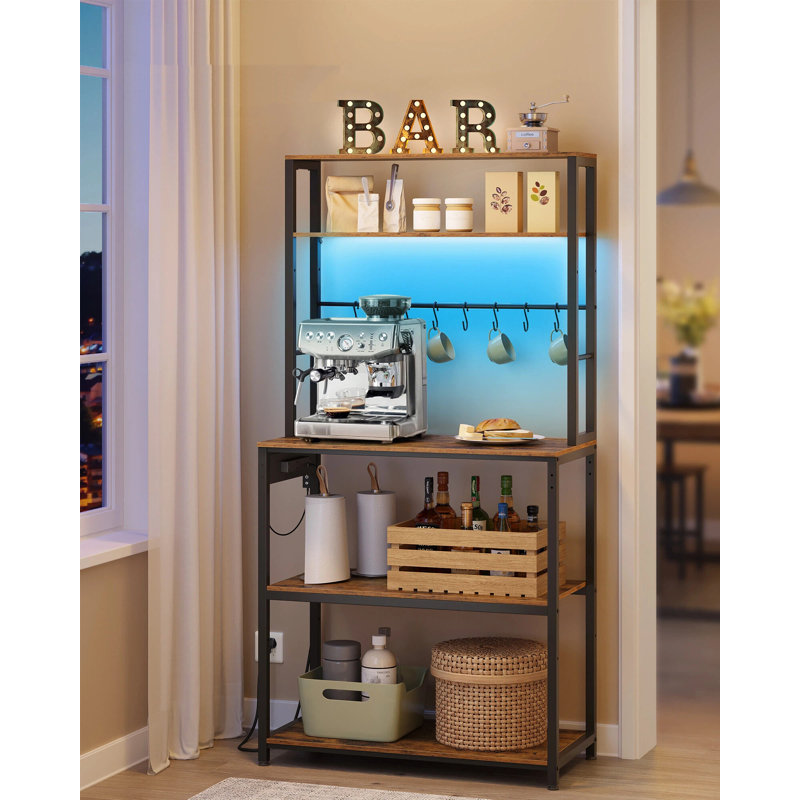 Coffee Bar With LED Lights, Kitchen Bakers Rack With Power Outlet, Microwave Stand With Adjustable Shelves, 8 Hooks, 40 X 80 X 168.4 Cm, Golden Oak And Matte White