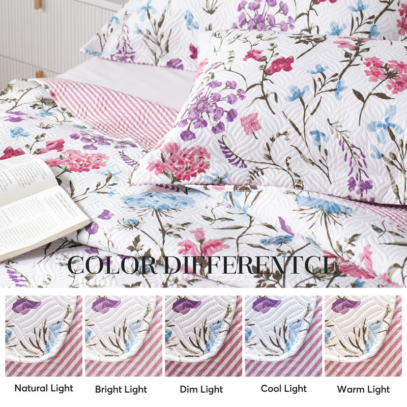 Kasentex Quilt Set - Lightweight Breadspread Coverlet Sets - All Season Bedding - Soft Light Summer Comforter, White Floral
