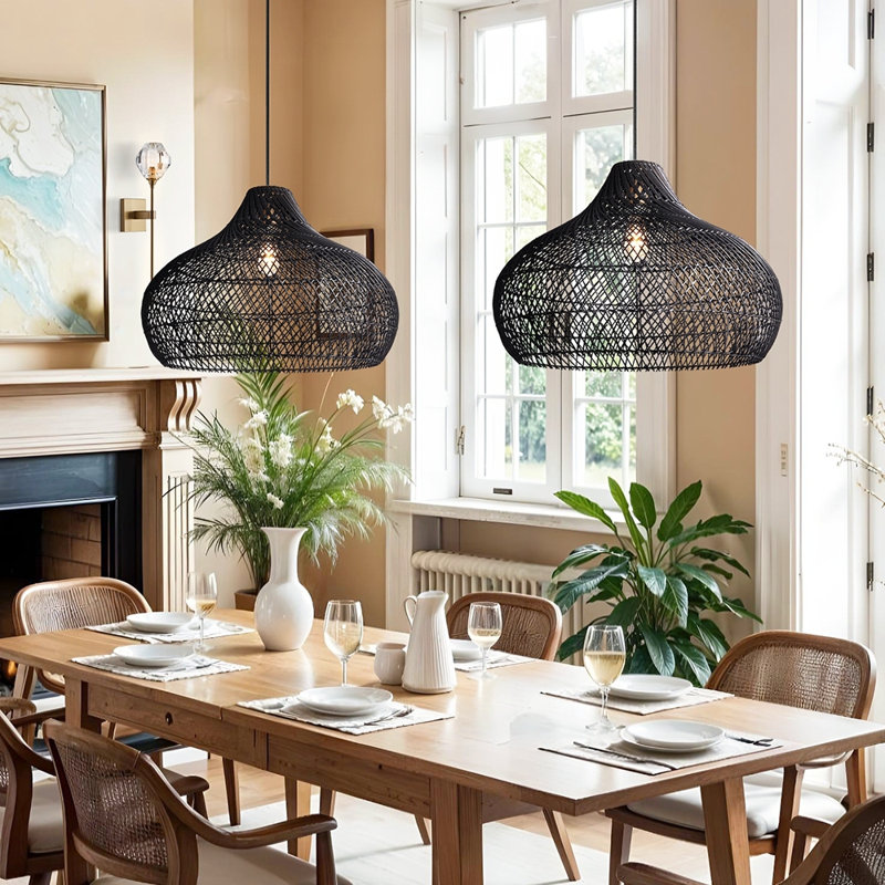 Latigo Rattan Pendant Light - Black Dome 1-Light Polished Handwoven Adjustable Light Fixture For Kitchen Island, Kitchen, Dining Room, Living Room, Bedroom, Hallway or Covered Patio in Modern, Farmhouse & Boho Style