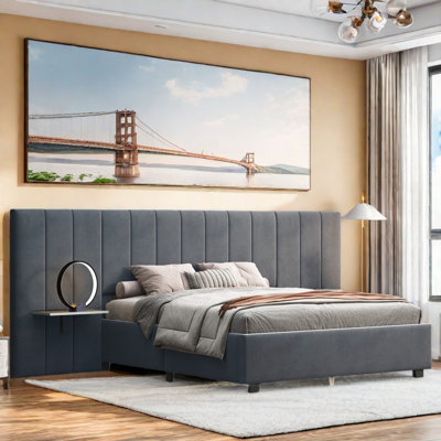 Upholstered Platform Bed with Big Headboard Silvestri And Two Integrated Shelves by Latitude Run
