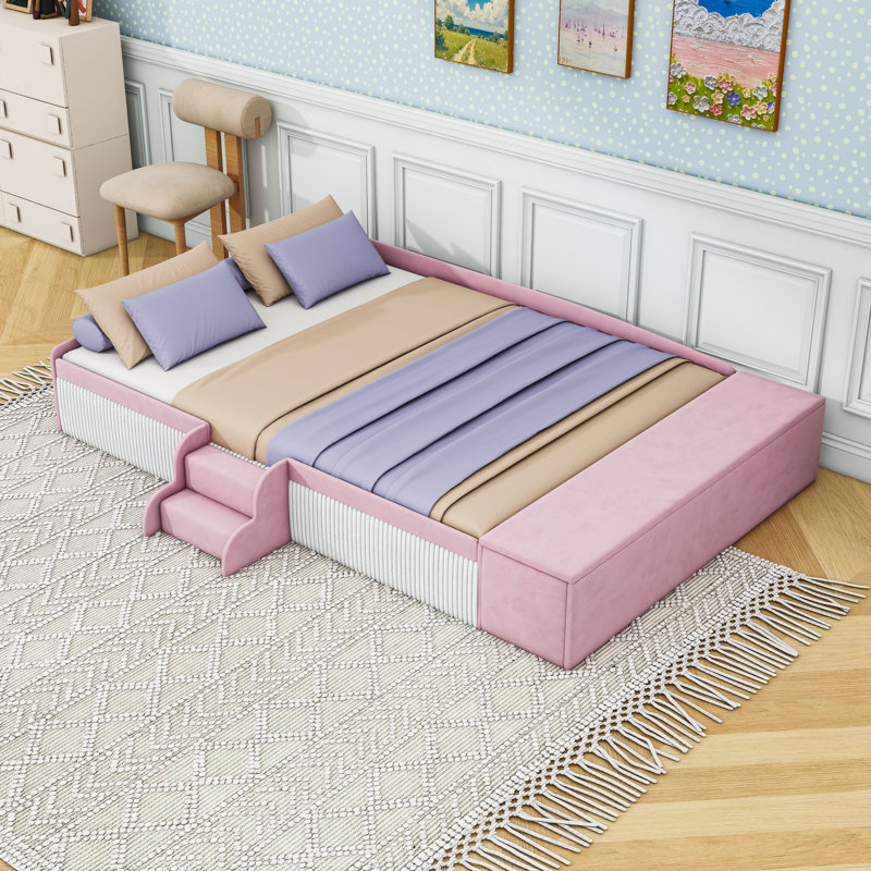 Upholstered Daybed with Gas Lift Storage Ottoman, Pink White, Full
