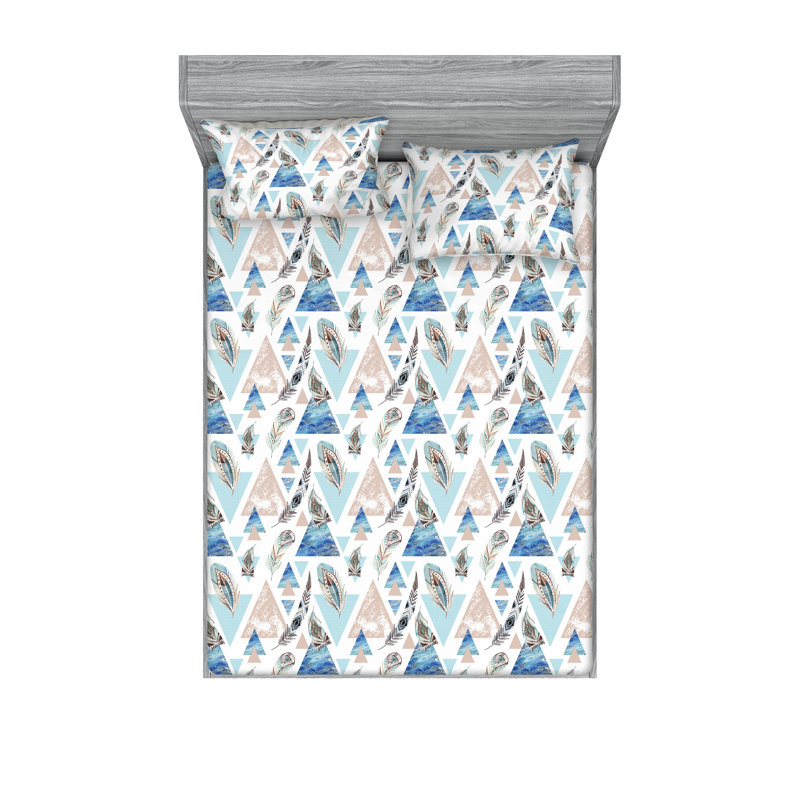 Ambesonne Fitted Sheet & Shams, Cal.King Sheet Set with 2 Pillowcases, Sea Blue/Warm Taupe Geometric