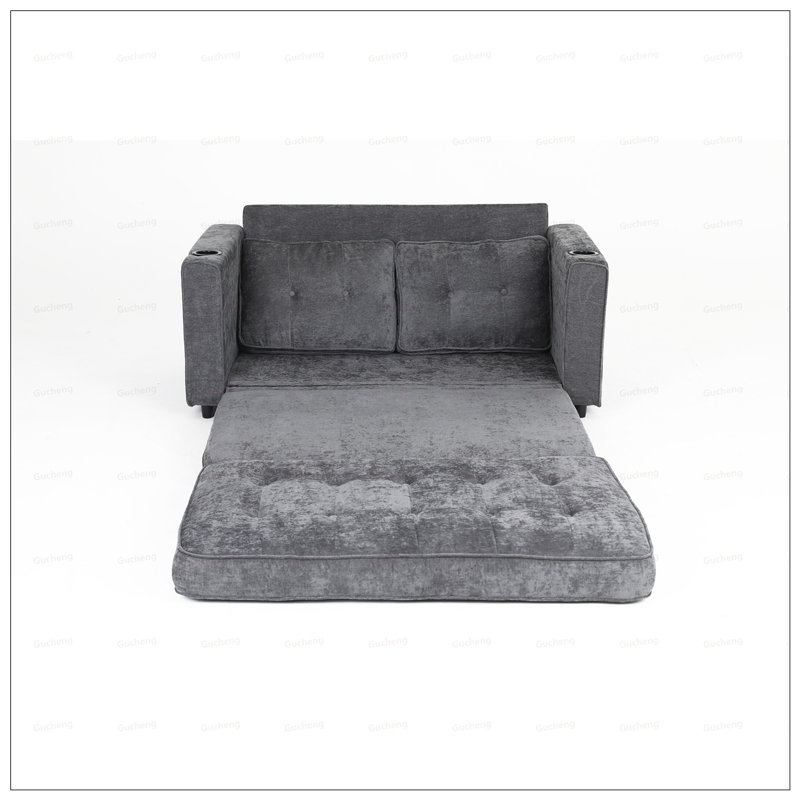 55 Inch 3 Fold Convertible Futon Couch Sofa Bed, Velvet Linen Fabric, Perfect for Small Spaces and Multi-Functionality, Dark Gray