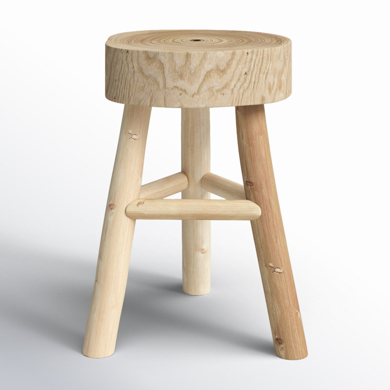 16"H Wooden Stool with Live-Edge Round Top and Triangle Footrest Base, Natural Finish, Ivory/Beige