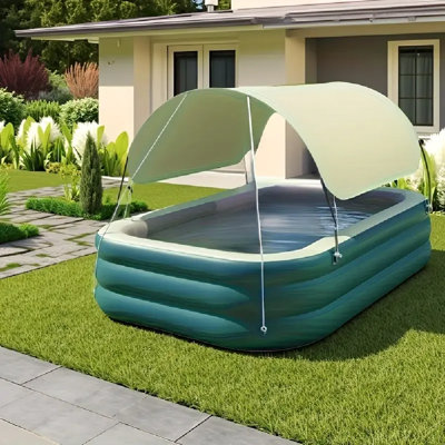 1-Pack Large Inflatable Swimming Pool With Removable Canopy Sunshade, 3-Layer Heightened Family Pool For 1-3/4-6 People, Portable Indoor/Outdoor Water Park For Backyard, Parties, Holidays - Emerald Green, No Electricity Needed, Inflatable Pool, Backyard F