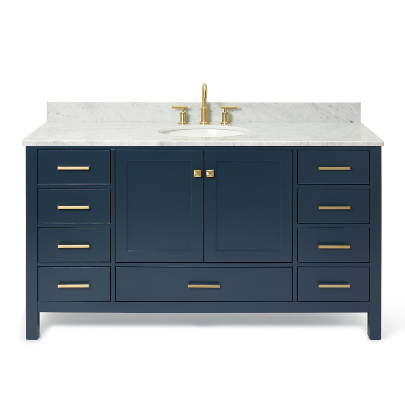 Flynt 61'' Single Bathroom Vanity with Carrara Marble Top, Midnight Blue