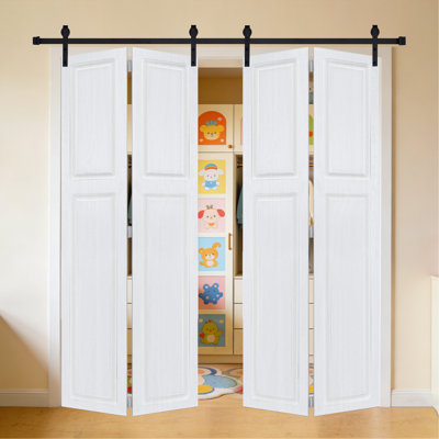Porte de grange coulissante en panneau de fibres à densité moyenne noyer blanc 2 panneaux 96 po x 76 po avec quincaillerie