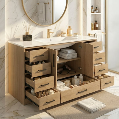 Meuble-lavabo autoportant 48 po avec 2 portes à fermeture douce et 9 tiroirs, avec rangement spacieux