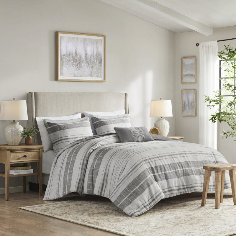 Ensemble d'édredon rayé en mélange de coton avec coussin décoratif Rhodes, Très grand lit
