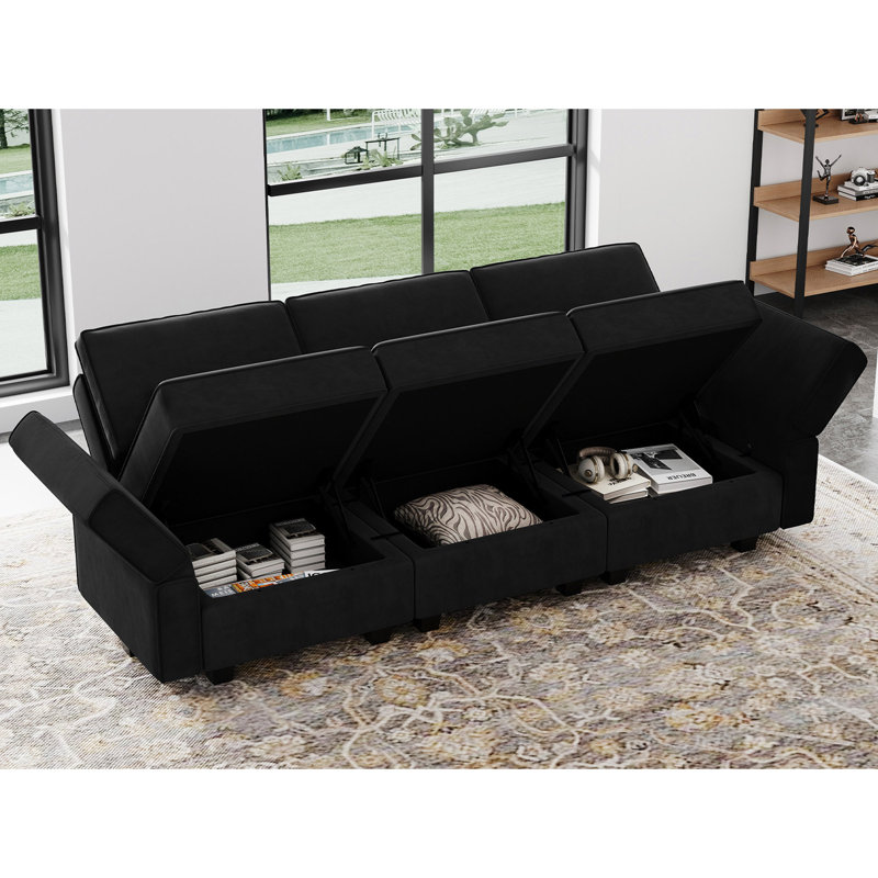 Nakash 90.2'' Wide Upholstered Modular Sectional Sofa 5-Piece 3-Seat Velvet Apartment Couch with Storage, Black Velvet