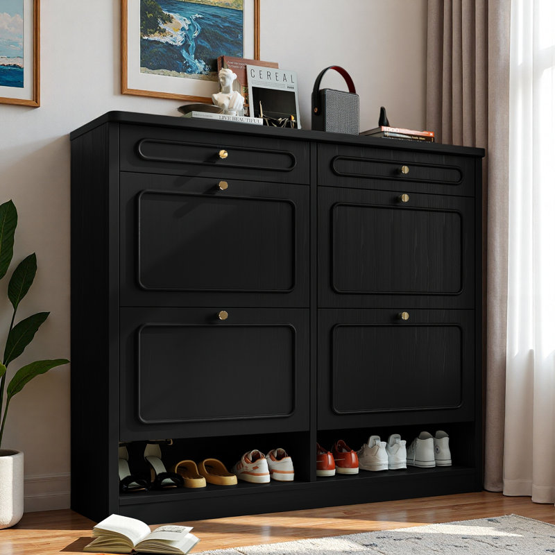 Wooden Shoe Cabinet With 4 Flip Drawers, 2 Storage Drawers And Open Compartments, Black