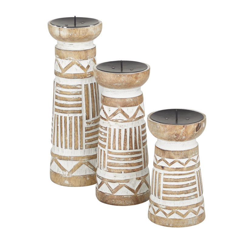 Porte-bougie éclectique en bois, Brun clair, H 11 po x l 3,3 po x P 3,55 po