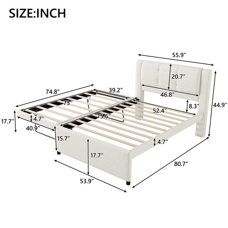 Lit plateforme tapissier pleine grandeur avec couchette convertible Roomfitter pour chambre d'amis, beige