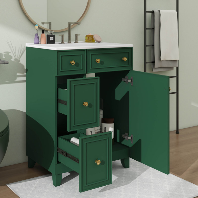 Armoire de meuble-lavabo 24 po avec 2 tiroirs et 1 porte en céramique, Vert givré