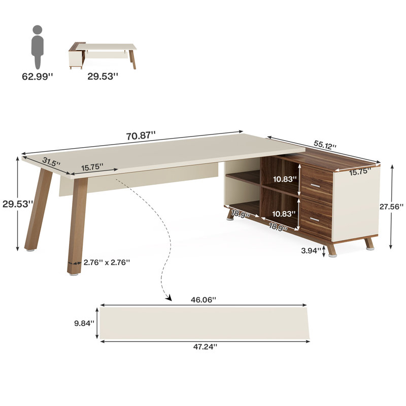 Bureau en L 71 po avec tiroirs et classeur, bureau de direction moderne, Blanc / Brun