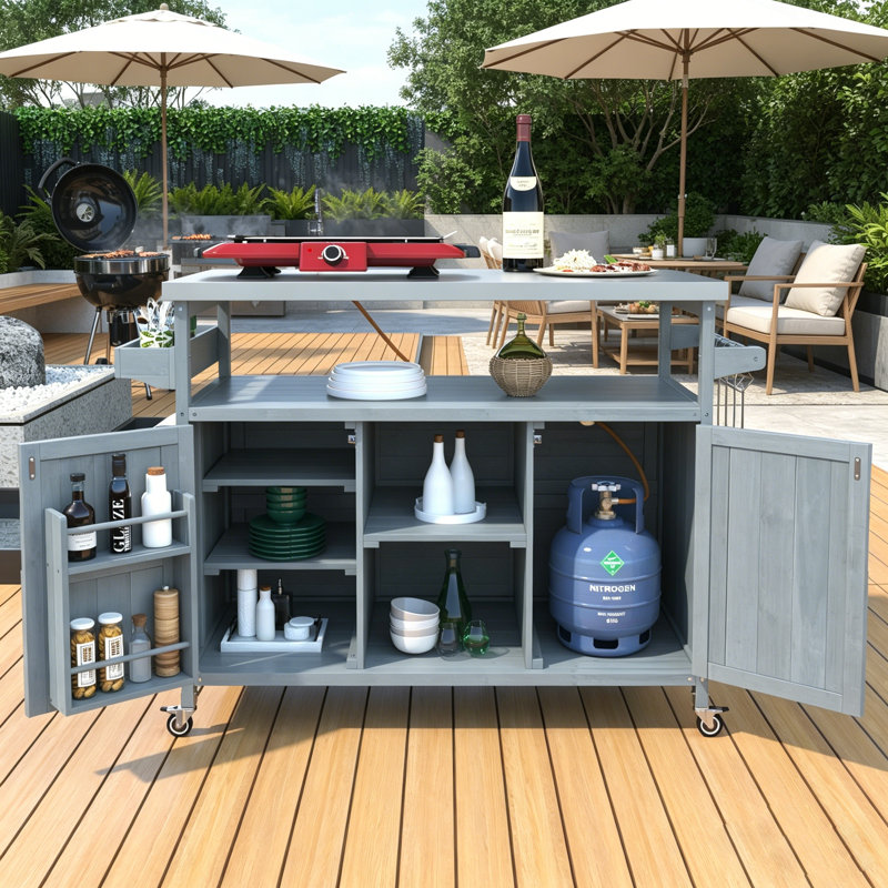 Table de préparation pour îlot de cuisine et barbecue en bois de sapin massif 43,3 "avec plateau en acier inoxydable, chariot roulant