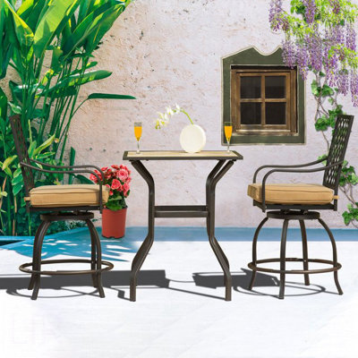 Outdoor Living 3 Pieces Patio Bar Set With Swivels Bar Stools And Top Table, Outdoor Bistro Set For Garden Balcony Backyard Deck, High Bar Chairs With Seat Cushion,Khaki, Chair