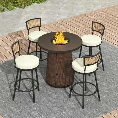 37"H X 31.5“W Rattan Propane Outdoor Fire Table With 4 Stools And Cover by Bayou Breeze