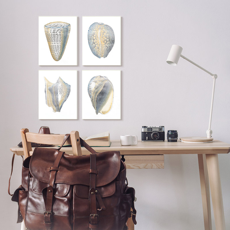 " Minimal Marine Shells Unique Blue Gold Pattern " by Vision Studio 4 - Pieces, Black Framed, 14" H x 11" W x 1.5" D