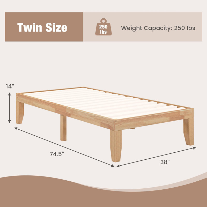 Base de lit plateforme en bois massif 14 pouces, Naturel, Lit simple
