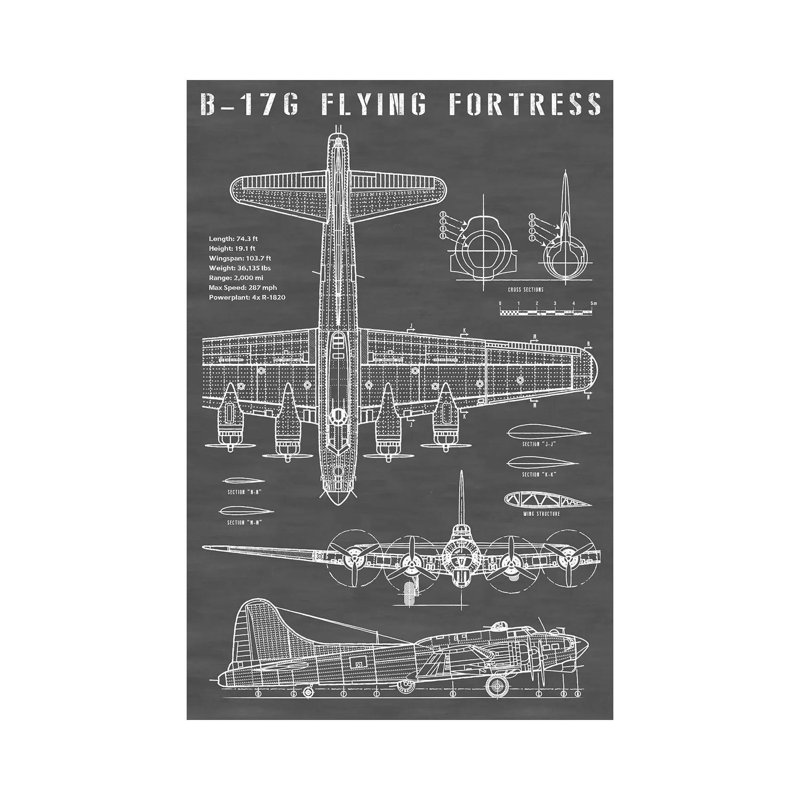Avion Bombardier rétro B-17 | Noir-imprimé de dessin, 40" H x 26'' W x 1.5'' D, Toile tendue, Pas de tapis