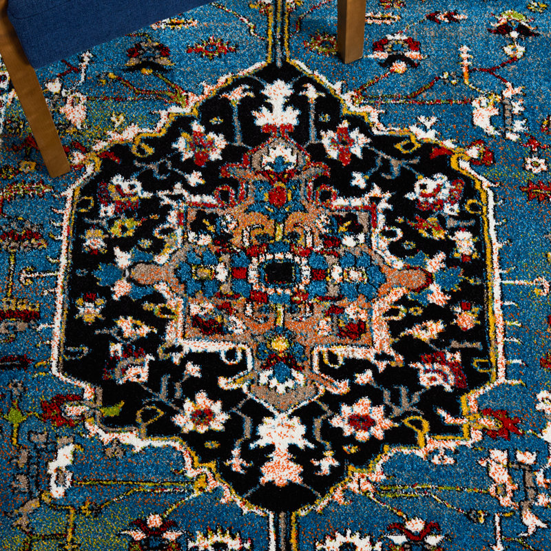 Tapis rétro bleu / rouge 266 Hamadan, Rond 6 pi 7 po